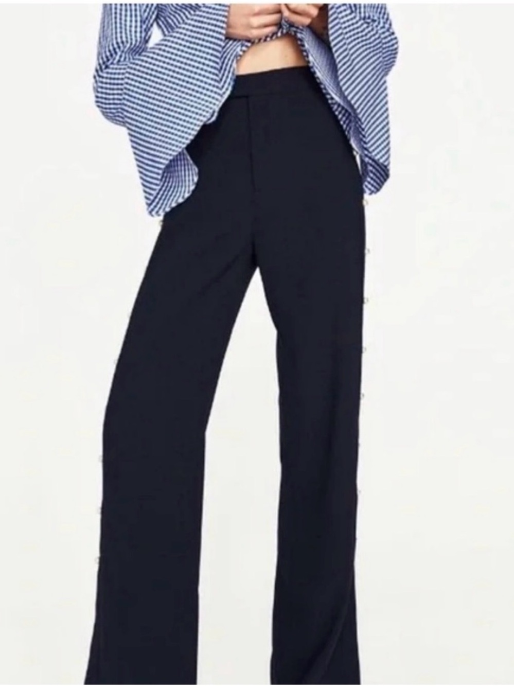 High-Waist Navy Wide-Leg Pants with Pearl Side Details - Picture 4 of 8